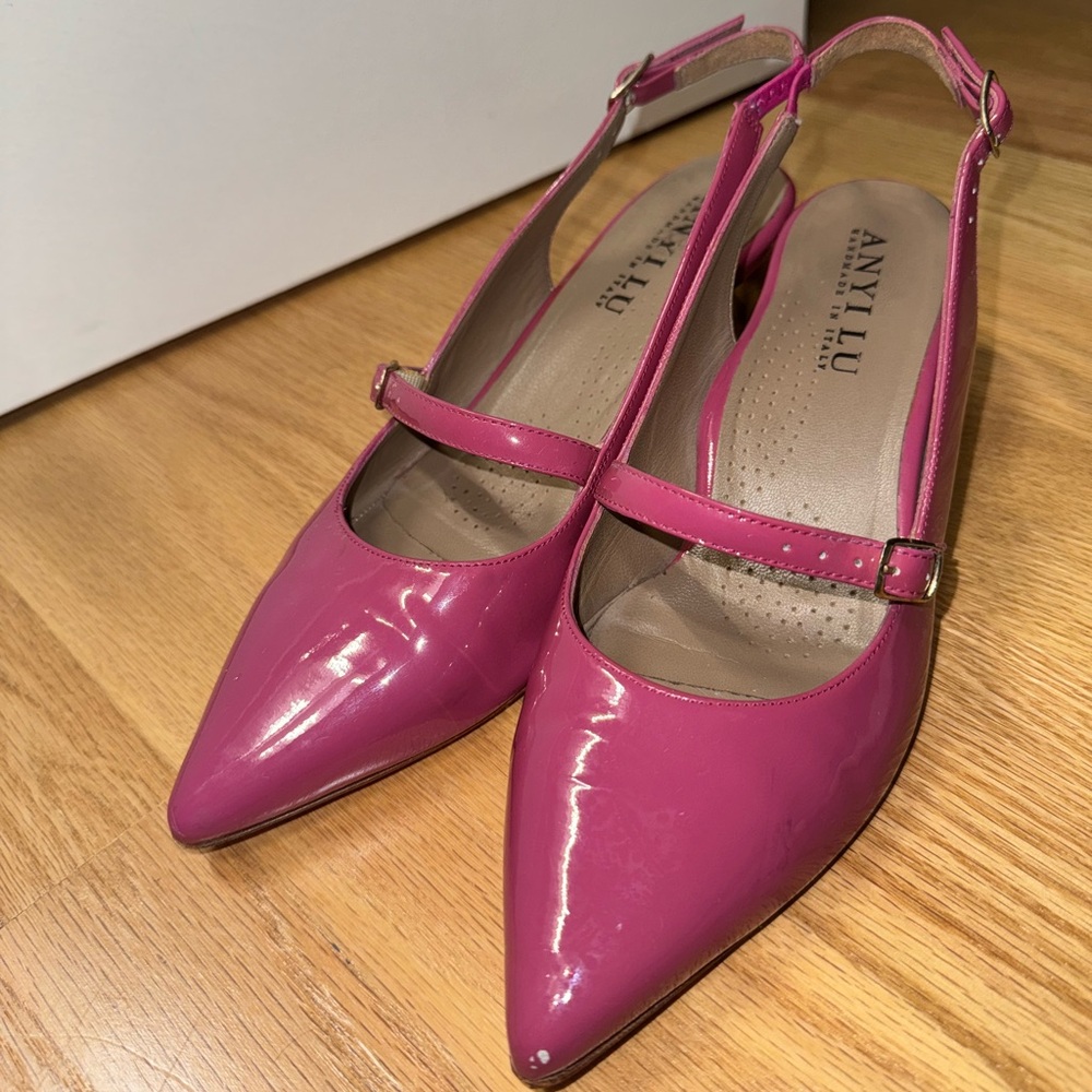 ANYI LU Gigi Pink Patent Leather Mary Jane Slingback Pump Heels
